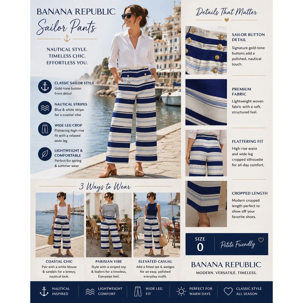 Banana Republic Sailor Pants 0 Blue Stripe Wide Leg Crop Nautical Chic